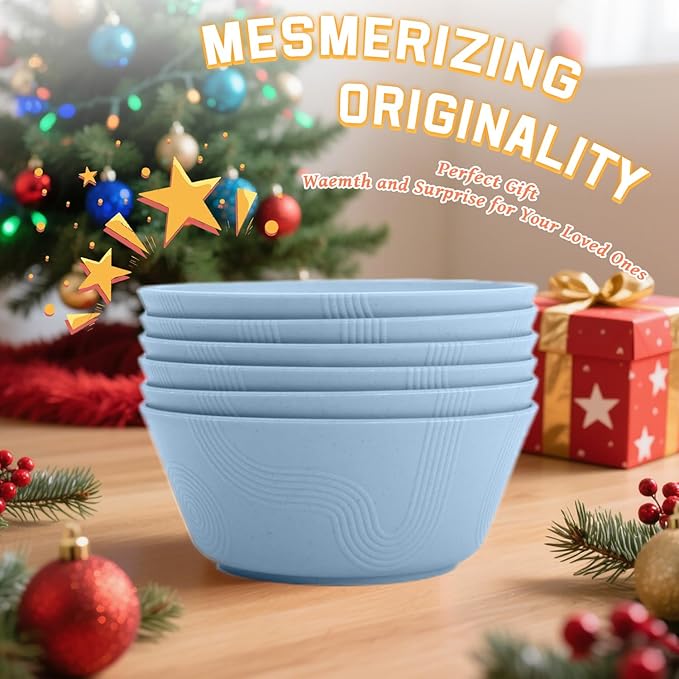Homienly Alternatives Plastic Bowls - Cereal Bowls 36oz, Wheat Starw Bowl Set of 6, Microwave and Dishwasher Safe Bowls,Soup Bowl Sets for Kitchen,Serving Soup,Salad (Sky Blue)