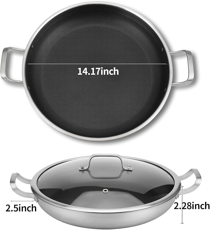 DELARLO 13" Tri-Ply Stainless Steel Nonstick Paella Pan with Lid
