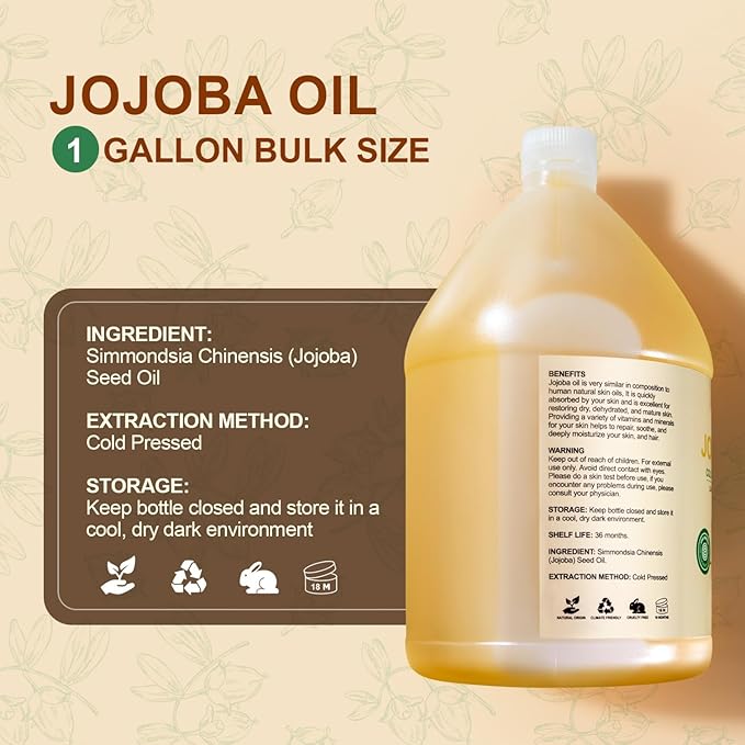 Yoken 1 Gallon Jojoba Oil EWG Verified - 100% Pure Jojoba Oils Bulk Cold Pressed Unrefined Hexane Free Virgin Golden jojoba Carrier Oil for Hair Skin Massage DIY Natural Body Moisturizer-BrightBean Baby