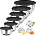 TeamFar Mixing Bowls, 6 PCS Stainless Steel Nesting Salad Bowl with Lids & 3 Graters, For Kitchen Cooking Serving Prepping, Airtight & Non-Slip, Size 4.6/3.5/2/1.5/1/0.7 QT, Black