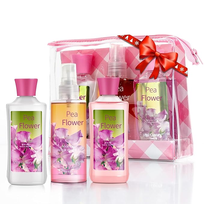 Bath & Body Care Travel Set Pea Flower Scent Home Spa Set with Body Lotion, Shower Gel and Fragrance Mist, Christmas Gifts for Her and Him-BrightBean Baby