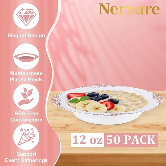 Nervure 50PCS White Plastic Bowls with Rose Gold Rim - 12oz White Disposable Soup Bowls, Heavy Duty Salad Ice Cream Bowl Perfect For Weddings, Parties and Everyday Use