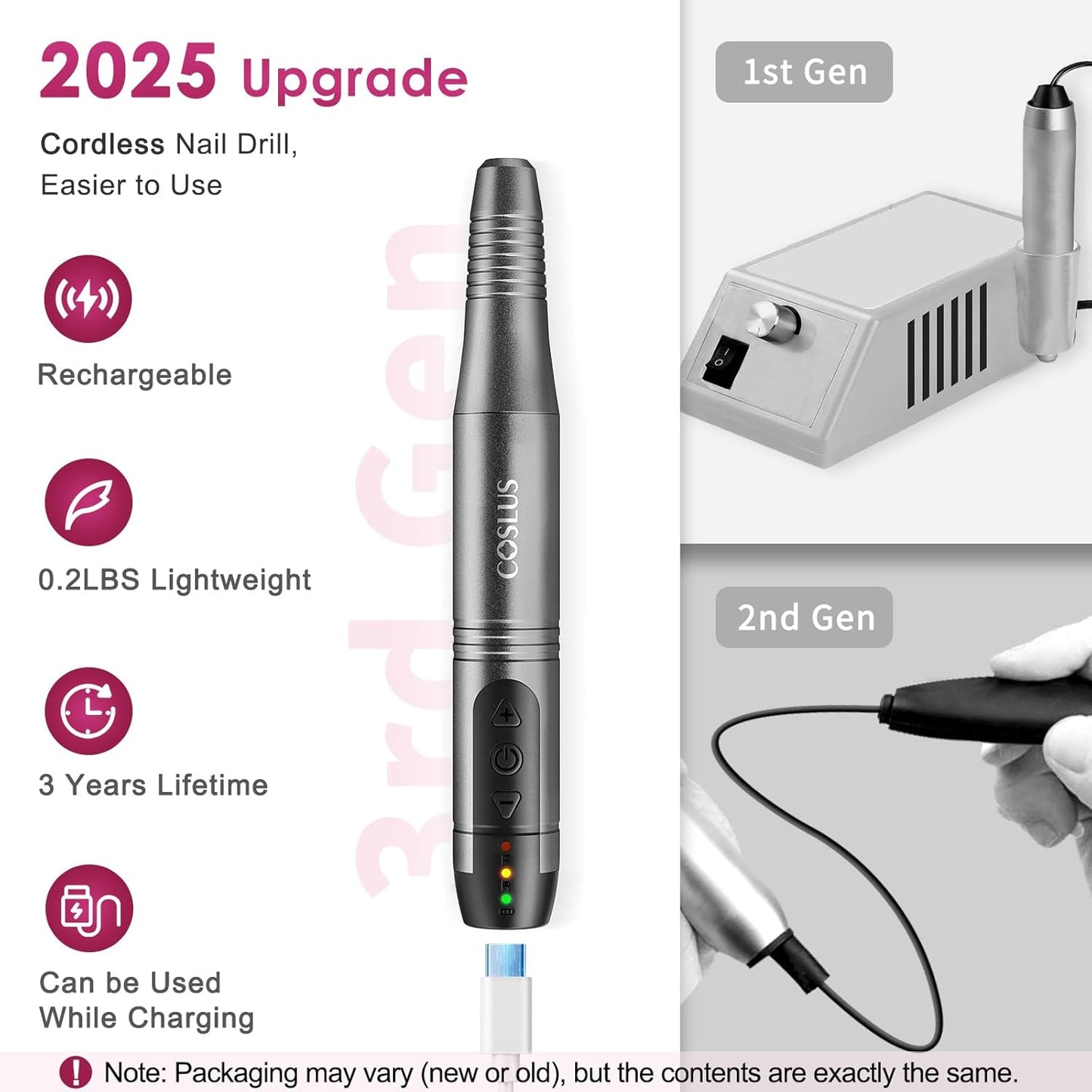 COSLUS Cordless Nail Drill Electric File: Professional for Acrylic Gel Dip Powder Nails Portable Nail Drill Machine Kit for Manicure Pedicure Nail Set with Everything Rechargeable Lightweight-BrightBean Baby