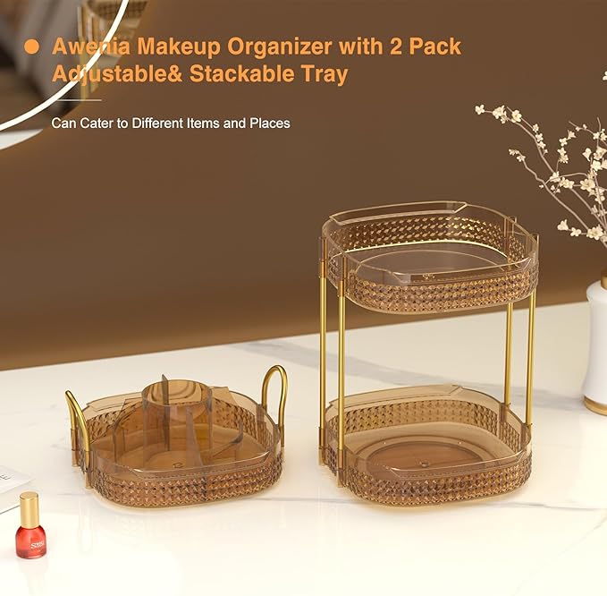 Awenia Rotating Makeup Organizer 360, Stackable Adjustable Large Capacity Cosmetic Storage Unit,Dresser Bathroom Kitchen Countertop Organizer with Metal Handle, Plus Size (Honorable Gold, 3 Tier)-BrightBean Baby