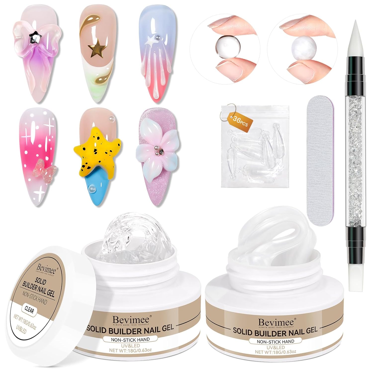 Molding Gel for Nails, Solid Builder Gel for Nails Non-Stick Hand for Modeling Sculpture Nail Extension UV/LED Manicure DIY At Home Clear Pearl White 2PCS-BrightBean Baby