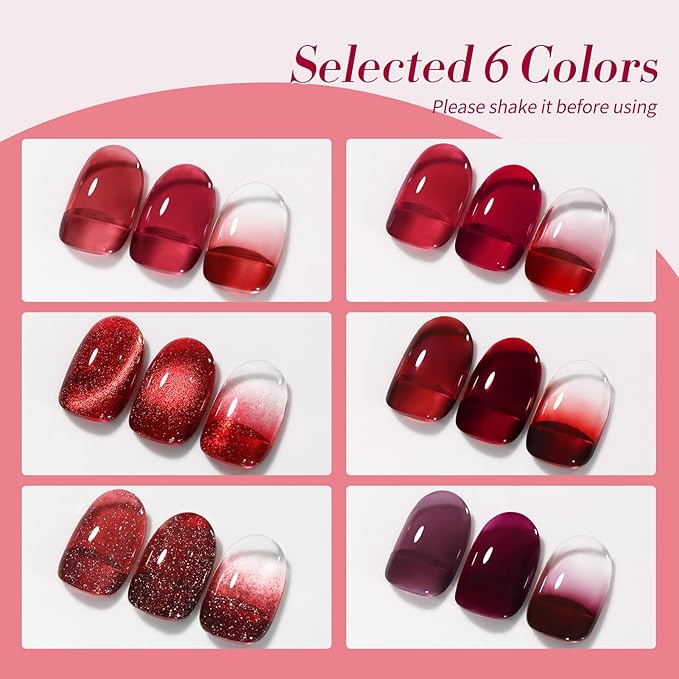 Born Pretty Jelly Burgundy Gel Nail Polish Ruby Red Glitter Cat Magnetic Eye Gel Nail Polish Fall Winter Blood Cherry Wine Red Gel Polish Glitter Soak Off Nail Art Salon Manicure Home Gift 7ml 6pcs-BrightBean Baby