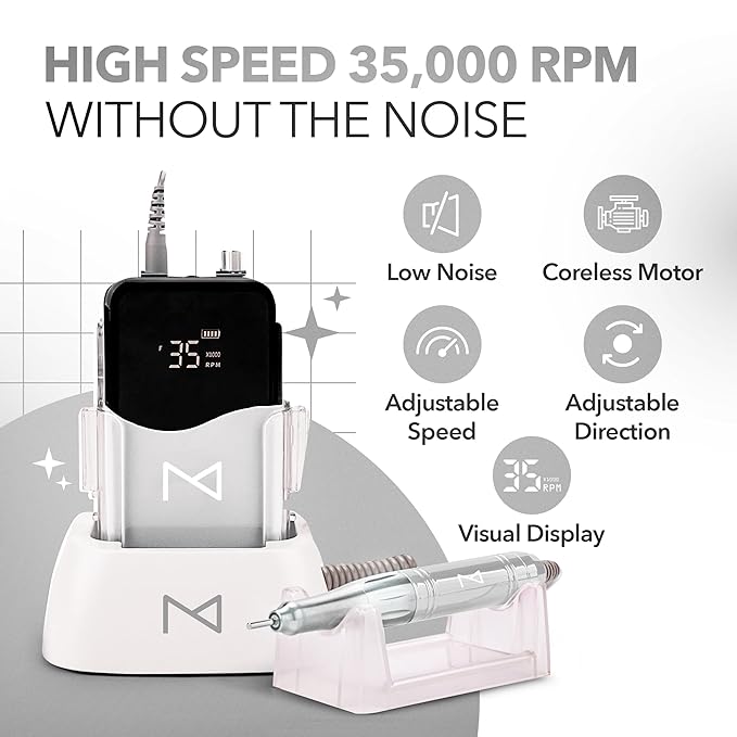 M Mase- Professional Nail Drill Machine - Coreless 2-in-1 Nail File - Electric, Cordless, 35000 RPM, HD Display - Electric Nail Drill for Professional & Home Use (White)-BrightBean Baby