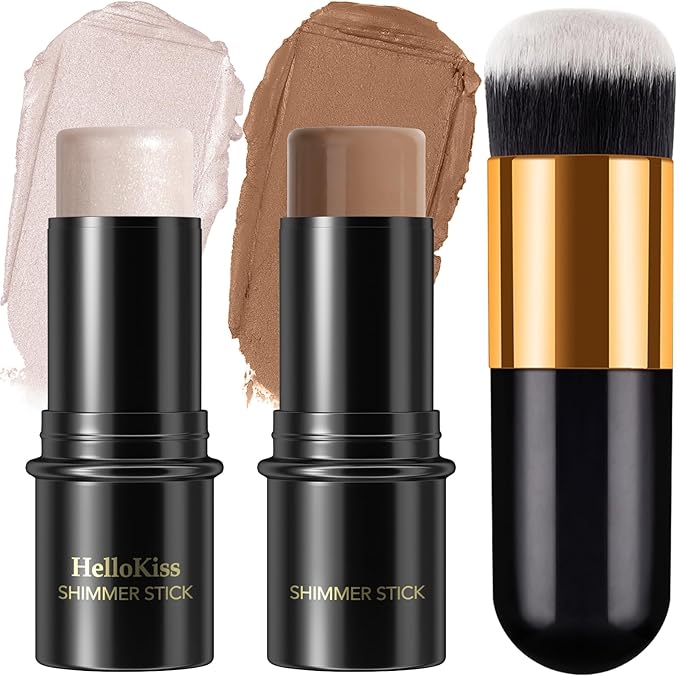 2Pcs Cream Contour Stick Makeup Kit, Cream Highlighter Stick and Bronzer Contour Stick with Longwear Waterproof Formula for Brightening and Trimming the Cheeks, Makeup Brush Include (#01, 10)-BrightBean Baby