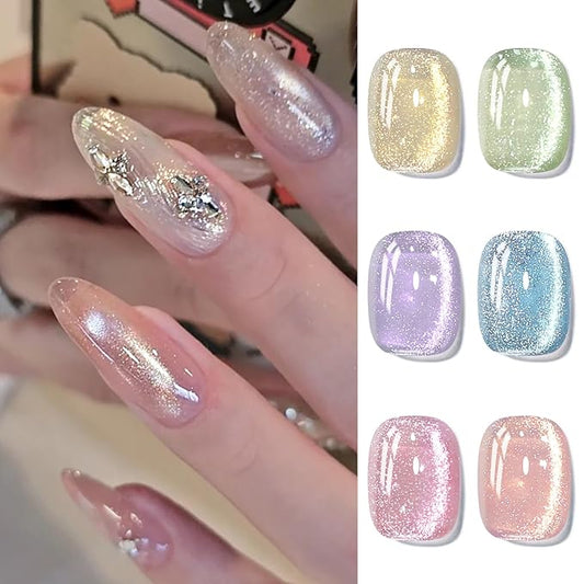 Born Pretty Cat Magnetic Eye Gel Nail Polish Spring Summer Pastel Shimmer Glitter Holographic Cat Magnetic Eye Gel Crystal Glass Cat Magnetic Gel Polish Manicure Nail Art DIY at Home 6PCS-BrightBean Baby