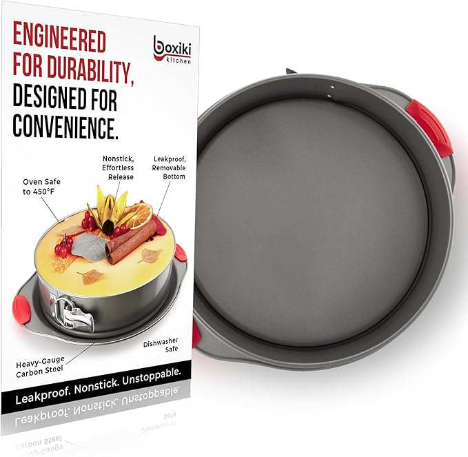 Boxiki Kitchen 10 Inch Nonstick Springform Pan, Professional Spring Form and Cheesecake Baking Mold, Leakproof Cake Pan with Silicone Handles