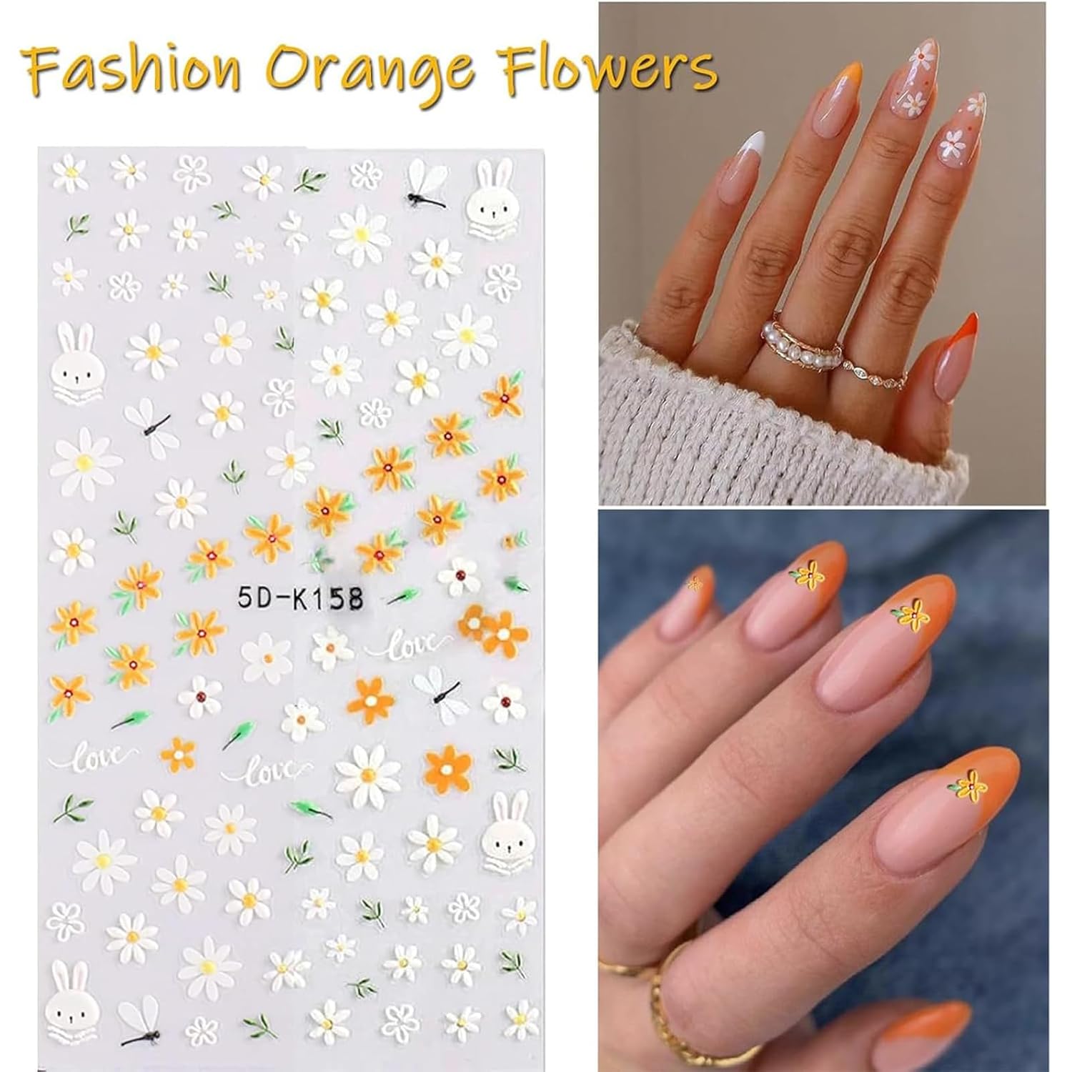 Flower Nail Art Stickers Decals 5D Embossed Nail Decals Spring Summer Daisy Nail Art Design Self-Adhesive Nail Supplies Accessories 3D Flower Nail Stickers for Women Nail DIY Decoration-BrightBean Baby