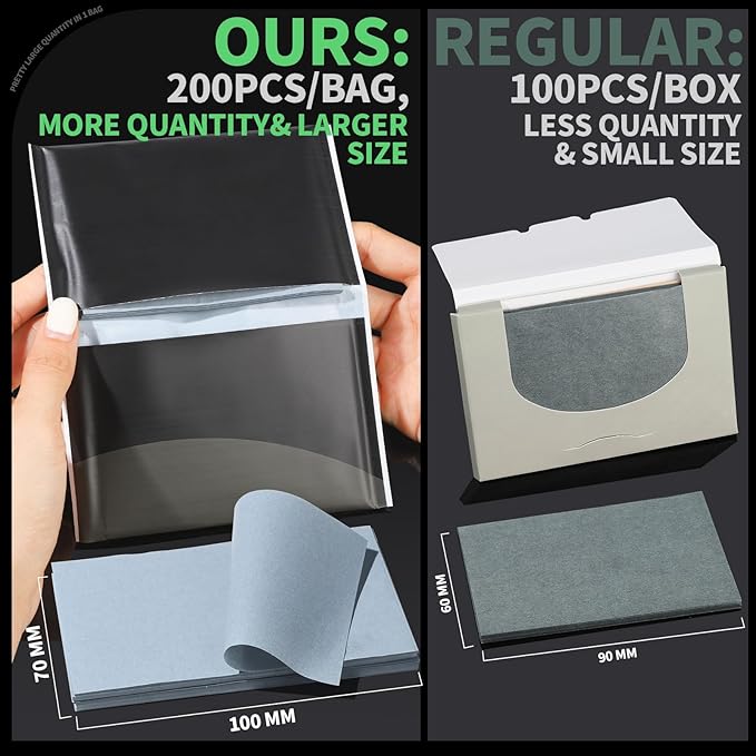 Blotting Paper for Oily Skin, Natural Bamboo Charcoal Blotting Paper, Oil Blotting Sheets for Face, 100 * 70MM Large Oil Absorbing Sheets Makeup Face Tissues, 200 Counts-BrightBean Baby