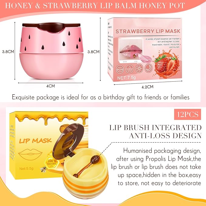 12 Pcs Bee Lip Balm Honey Pot with Brush Propolis Lip Mask Overnight, Moisturizing Hydrating Lip Sleeping Mask Prevention Dry and Cracked(Honey+Strawberry)-BrightBean Baby