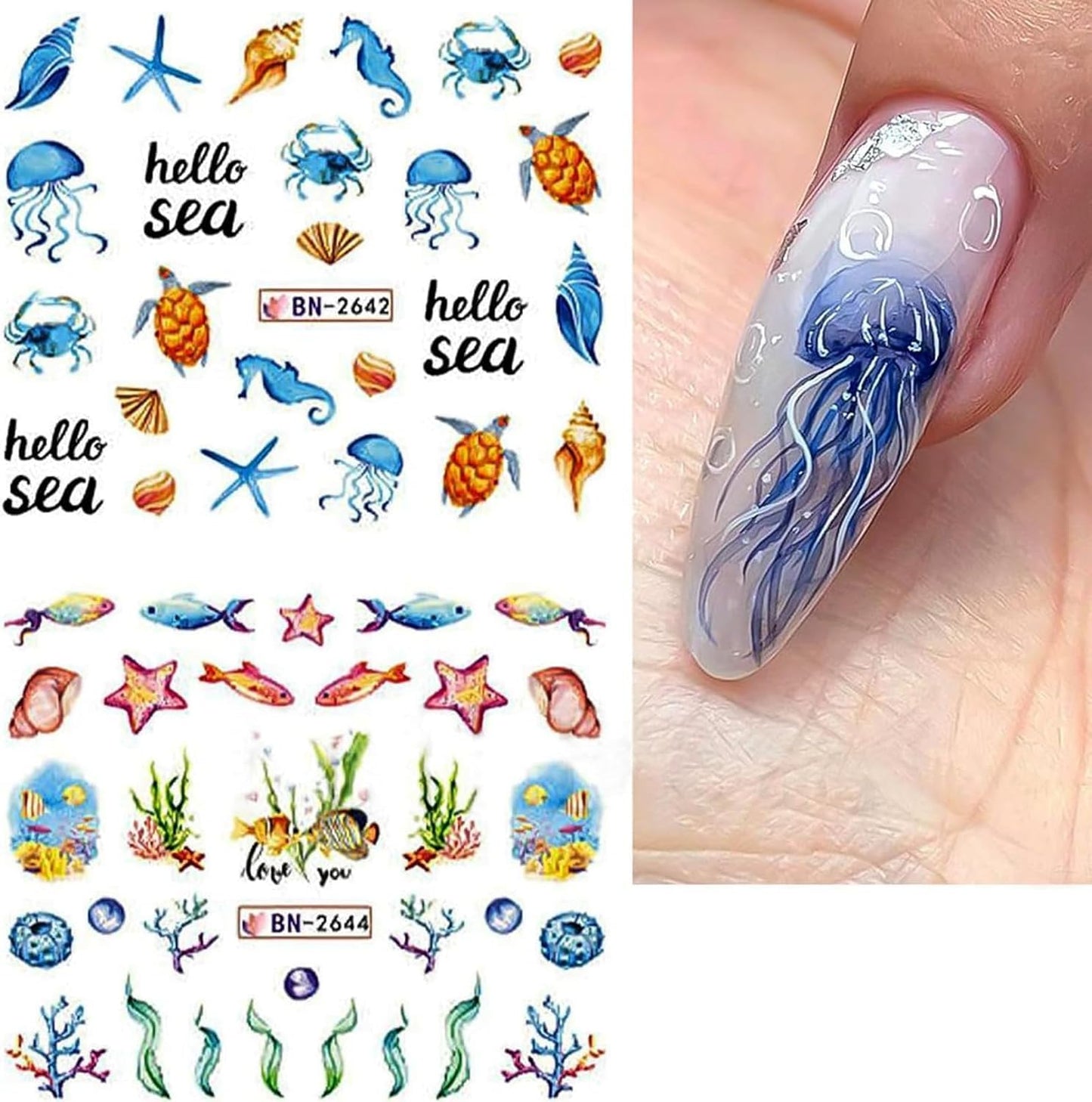 Summer Nail Art Stickers 12 Sheets Seashell Starfish Water Transfer Foils Decals Jellyfish Shells Sea Turtles Seahorses Design Acrylic Ocean Theme Supplies for Women DIY Decor-BrightBean Baby