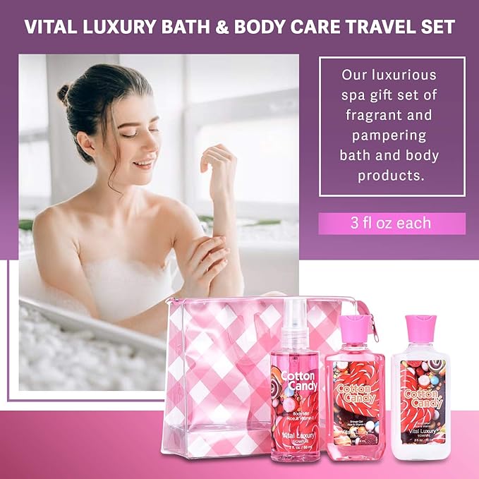 Bath & Body Care Travel Set - Home Spa Set with Body Lotion, Shower Gel and Fragrance Mist, Valentines Day Gifts for Her and Him(Cotton Candy)-BrightBean Baby