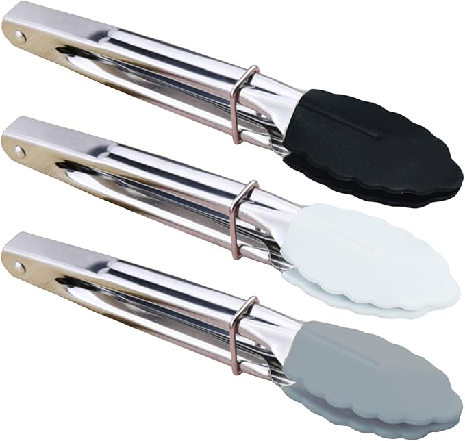 Mini Tongs with Silicone Tips 7-Inch Small Serving Tongs, Set of 3 (Black White Gray)