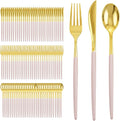 I00000 300 Pack Gold Silverware with Pink Handle, Pink Plastic Utensils Set, Disposable Cutlery include100 Forks, 100 Knives, 100 Spoons,Plastic Cutlery Set for Wedding & Party