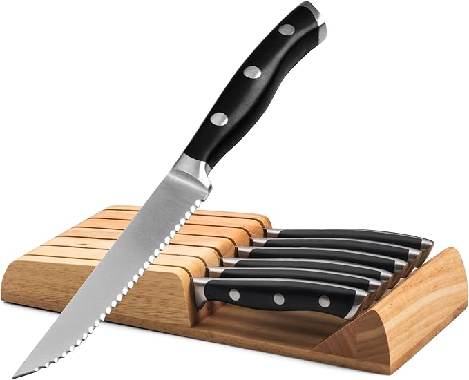 Alata 6-Piece Steak Knives Set with Block, 4.7 Inch with Serrated Edge Razor-Sharp Dinner Knives, Full-Tang Construction, Dishwasher Safe