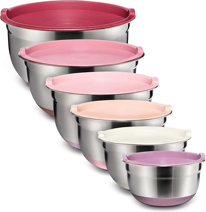 COOK WITH COLOR Stainless Steel Mixing Bowls Set with Lids - Nesting Bowls with Non-Slip Bottom, Rose, 12 Pieces