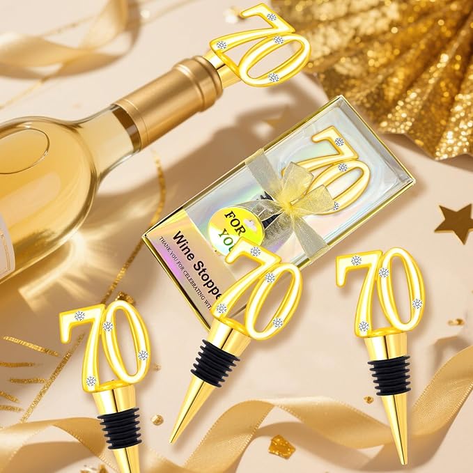 30Pcs 70th Birthday Party Favors Wine Stoppers 70 Anniversary Wine Bottle Stopper Wine Bottles Stoppers Wedding Favor Individual Gift Box for Birthday Wedding Anniversary Decorations Souvenirs (70th)