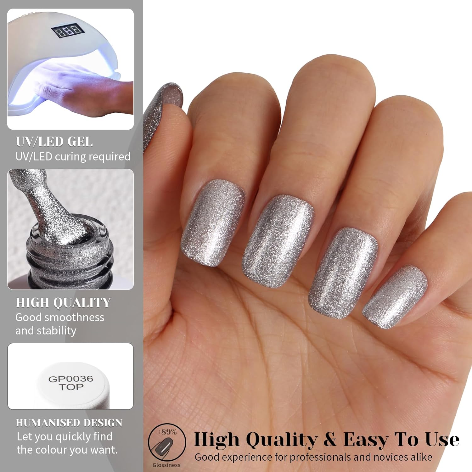 Silver Glitter Gel Polish,15ml UV/LED Soak Off Sparkly Metallic Silver Gel Nail Polish for Manicure Salon or DIY Nail Art at Home,French Tip Color- GP0091-BrightBean Baby