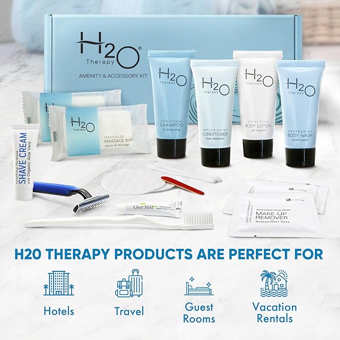 H2O Therapy Amenity & Accessory Kit | 0.85 oz Travel Size Shampoo, Conditioner, Lotion, Body Wash, Massage Bar, Cleansing Bar, Shave & Dental Sets, Make-Up Remover Wipes, & Vanity Kit | 15 sets/case-BrightBean Baby