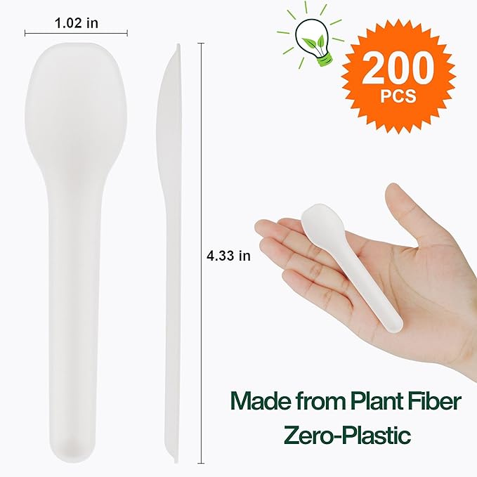 200 Count Compostable Spoons, 4.3 Inch Biodegradable Plant Fiber Disposable Cutlery, Eco Friendly, Home Compostable, Bulk Pack for Parties, Catering, Coffee, Desserts & Everyday Use