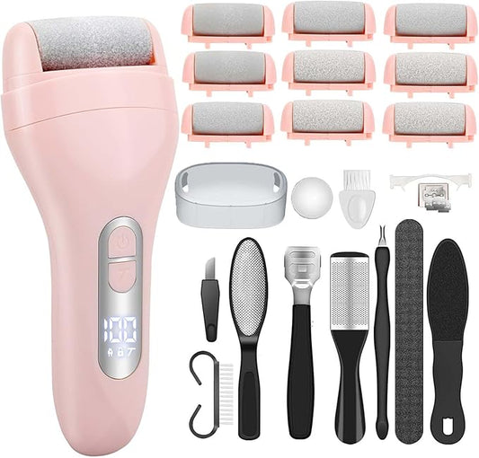 Electric Callus Remover for Feet - with 9pcs Larger Grinding Head, Portable Pedicure Kit Foot File Callus Remover, Rechargeable Waterproof Foot File for Foot Care Deadskin Remover LCD Display-Pink-BrightBean Baby