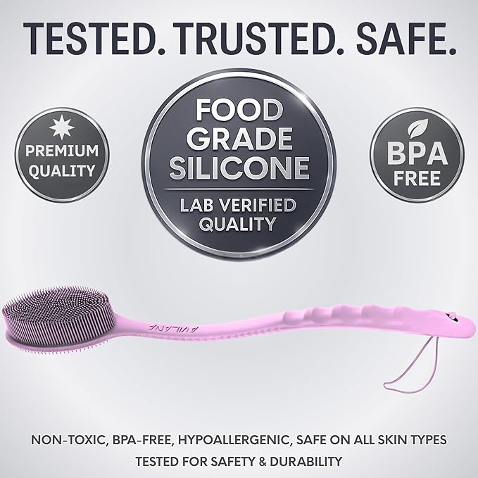 Avilana Silicone Body Scrubber – Gentle Shower Brush & Loofah Alternative- Food Grade & Lab Tested – Fast-Drying, Hygienic, BPA-Free Silicone Body Gentle Exfoliator (Pink, Long Handle)-BrightBean Baby