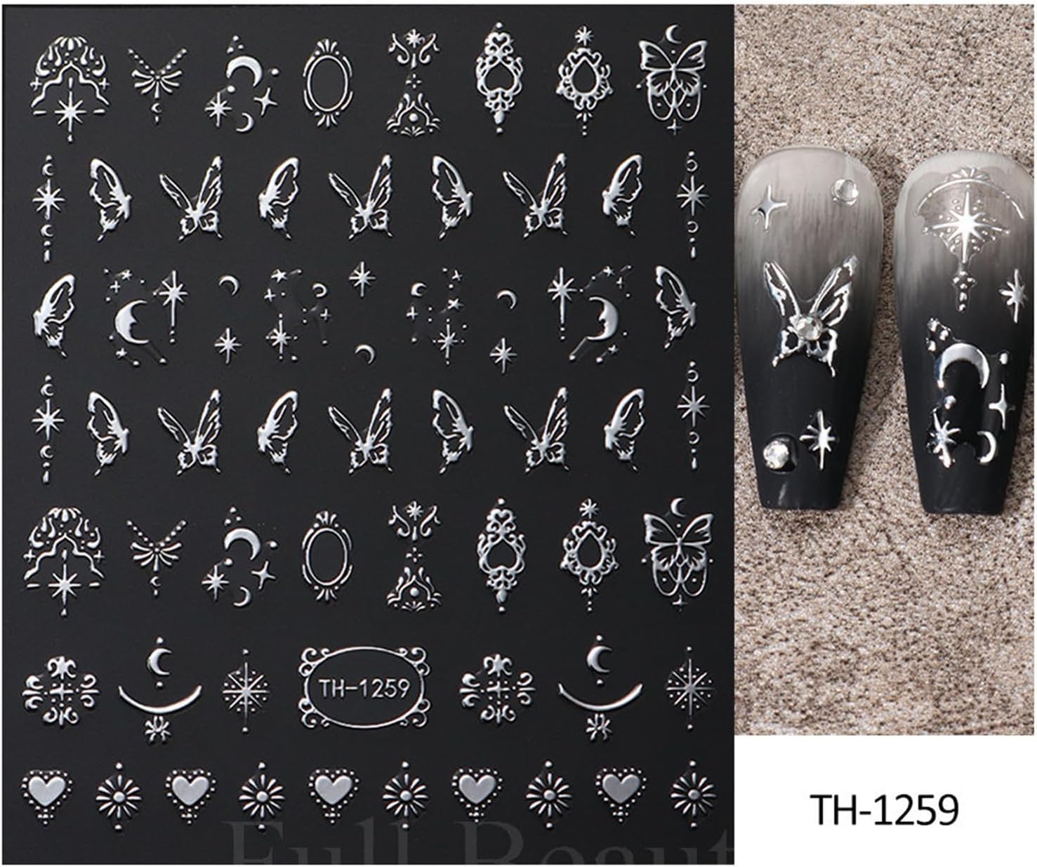 Metallic Silver Nail Art Stickers 3D Self-Adhesive Nails Stickers Bohemian Sun Moon Hexagram Butterfly Heart French Tip Decal Supplies Women DIY Silver Metal Nail Art Decoration 4Sheets-BrightBean Baby