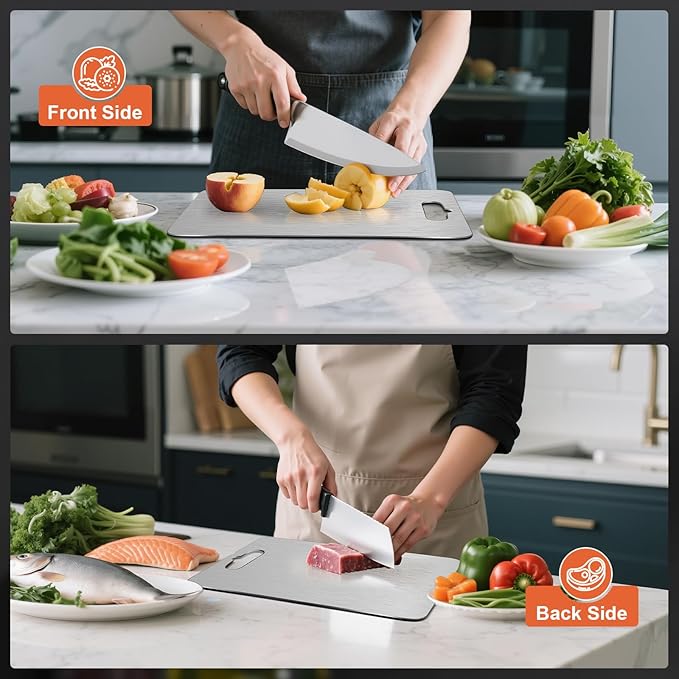 Titanium Cutting Boards For Kitchen, Double-Sided Food-Grade Kitchen Stainless Cutting Board, Non-Toxic & Non-Slip, Dishwasher Safe, Ideal For Indoor, Outdoor, Camping & Bbq Parties, M 13.4“ * 9”
