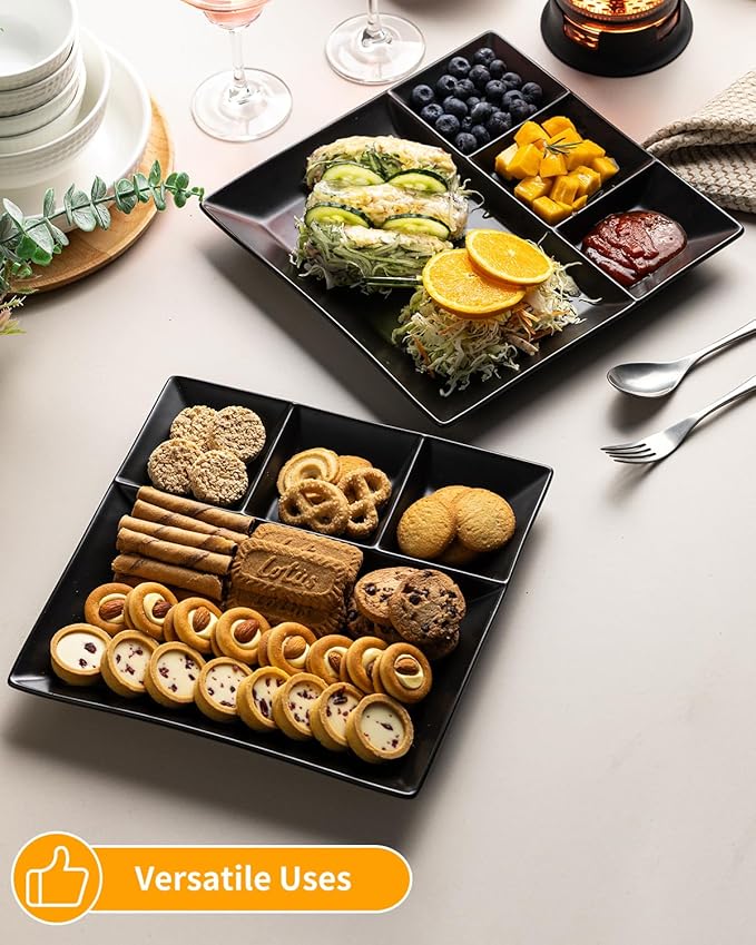 LAUCHUH Divided Serving Platters, 11 x 11 inch Porcelain Chip & Dip Serving Set Dinner Serving Tray 4 -Compartment Serving Dishes for Thanksgiving, Candy, Nuts,Veggies, Snacks and Sauce, Black