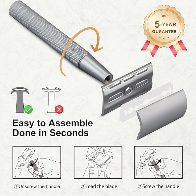 Double Edge Safety Razor with Stand, Single Blade Razors for Men and Women, Reusable Metal De Razor, Men's Safety Shaving Razors with 10 Double Edge Blades, Smooth and Close Shave, Matte Silver-BrightBean Baby