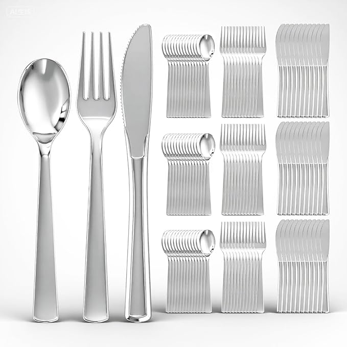EI 360pcs Silver Plastic Silverware,Plastic Spoons and Forks,Plastic Silverware Heavy Duty,Disposable Plastic Cutlery include 120pcs Plastic Forks,120pcs Plastic Spoons and 120pcs Plastic Knives