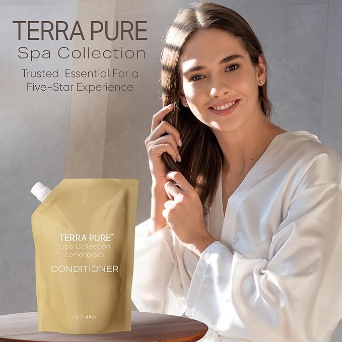 Terra Pure Spa Collection 1 Liter Conditioner Refill Bag For Soap Dispensers | Bulk Toiletries for Vacation Rentals, and Home Bathroom Showers | Green Tea Lemongrass | Single-BrightBean Baby
