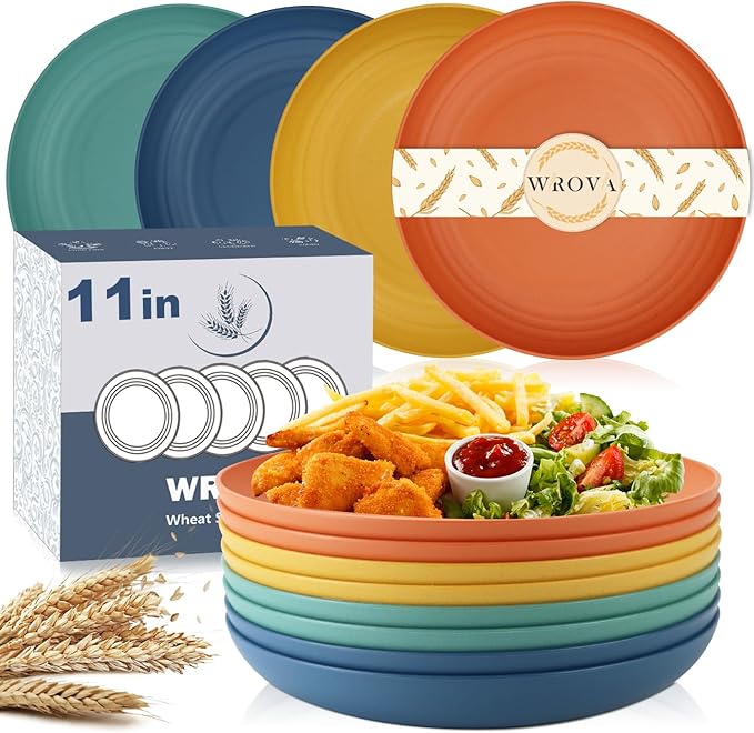 Wrova Large Wheat Straw Dinner Plates - 11 Inch Unbreakable Big Set of 8 - Dishwasher & Microwave Safe Plastic Plates - Deep Edge for Kitchen & Camping (Colorful)