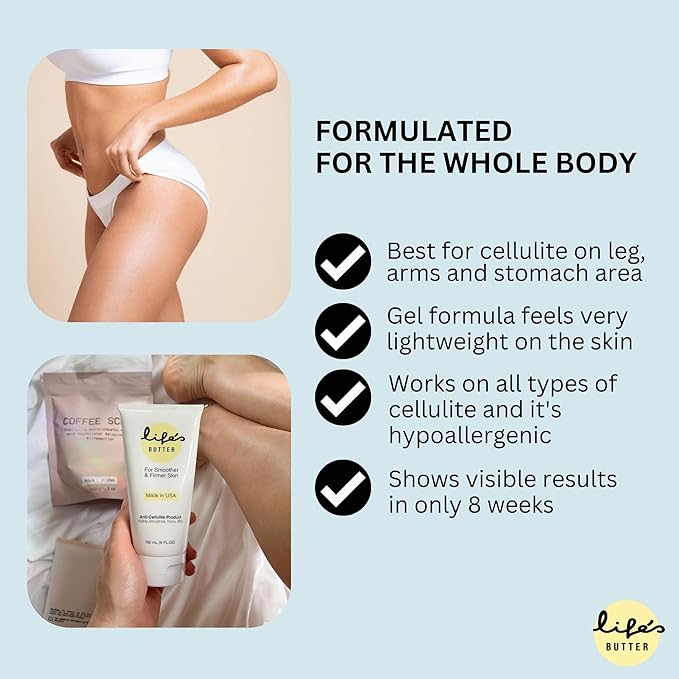 Life's Butter Anti-Cellulite Cream with L-Carnitine, Coenzyme Q10 | Skin Smoothening Natural Product | Fights Cellulite and Stretch Marks | 6 fl oz (Scent-Free) + Dry Brush-BrightBean Baby