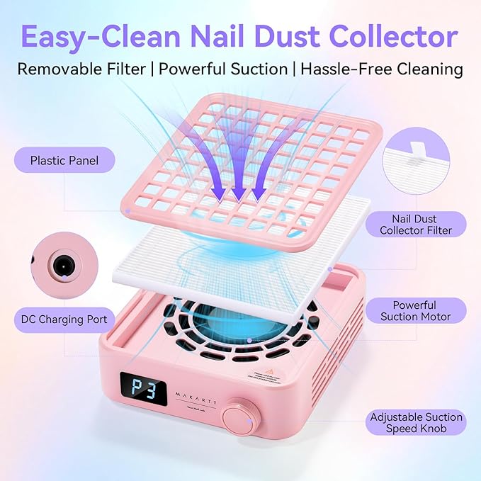 Makartt Professional Nail Dust Collector – Powerful Dust Collector Nail Tech Quite Suction Machine for Acrylic Nails Manicure & Pedicure Salon & Home Use Includes 10pcs Filters & Dust Brush Pink-BrightBean Baby