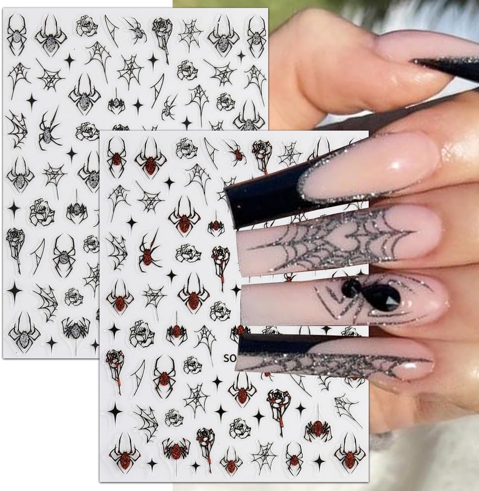6Sheets Halloween Nail Art Stickers Decals, 3D Spider Nail Sticker Halloween Nail Decoration Self-Adhesive Black Red Silver Glitter Star Spider Web for Nails Stickers DIY Manicure Art Decoration-BrightBean Baby
