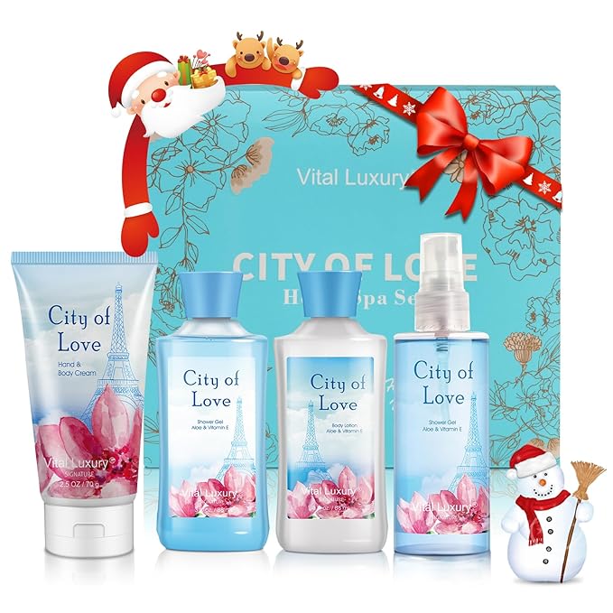 Bath & Body Kit, 3 Fl Oz, Ideal Skincare Gift Home Spa Set, Includes Body Lotion, Shower Gel, Body Cream, and Fragrance Mist, Birthday Mother's Valentine's Day Gifts(City of Love)-BrightBean Baby