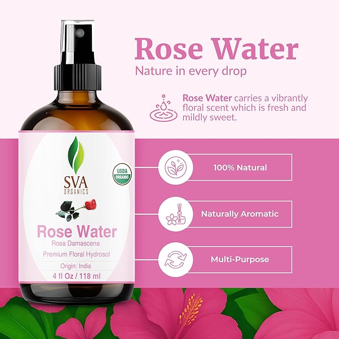 SVA ORGANICS Rose Water 4oz (118 ml) Refreshing Rose Water Spray for Skin Care, Skin Hydration, Bath, Soaps, Haircare & Aromatherapy-BrightBean Baby