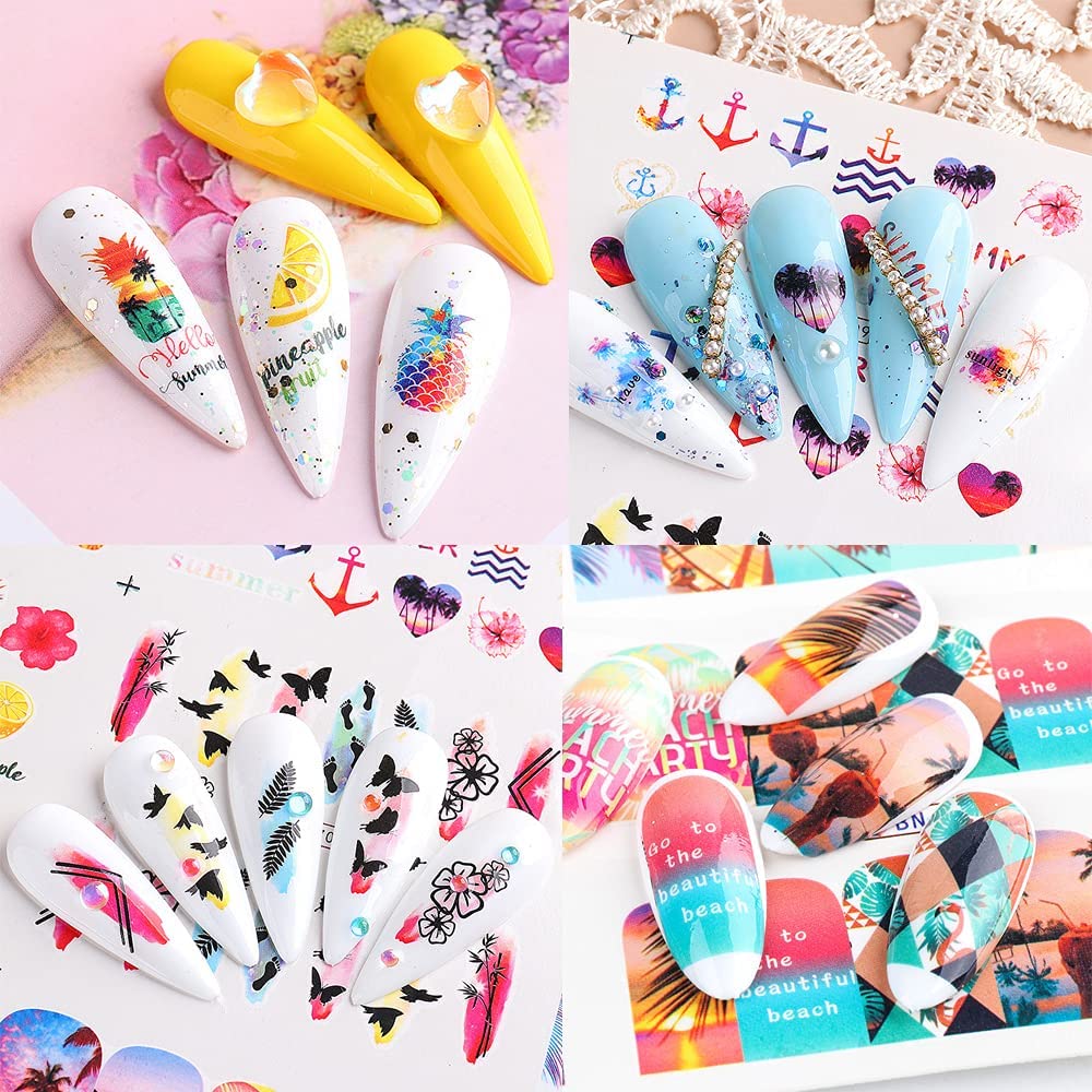 Summer Nail Art Stickers Decals, 12 Sheets of Fruit Hawaii Design Water Transfer Nail Slider Tattoos Holographic Colorful Pineapple Watermelon Pattern Acrylic Nail Art for Summer DIY Nail Decoration-BrightBean Baby