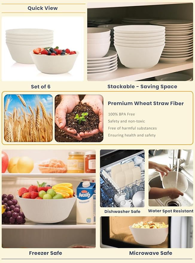 Homienly Cereal Bowl - Wheat Straw Bowls 6 PCS | Microwave & Dishwasher Safe | Patented Textured for Secure Grip| Ideal for Cereal, Soup, Salad - Versatile Dining Alternative to Plastic Bowls(Beige)
