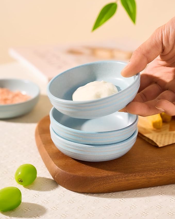 famiware Pluto Soy Sauce Dishes of 6, 3 oz Dipping Sauce Cups/Bowls/Dishes for Kitchen, Ceramic Small Bowls for Side Dish, Appetizers, Snacks, and Sushi, Reactive Glaze, Light Blue