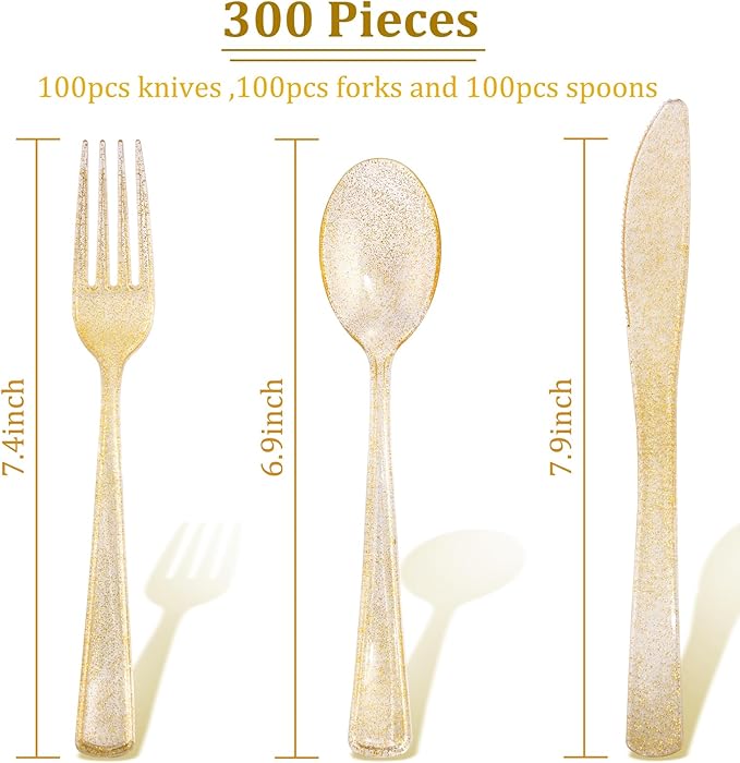 Supernal 300pcs Gold Glitter Plastic Cutlery Disposable Utensils Gold Plastic Silverware Sets Include 100 Forks, 100 Spoons & 100 Knives Serves for 100 Guests Suitable for Party,Thanksgiving