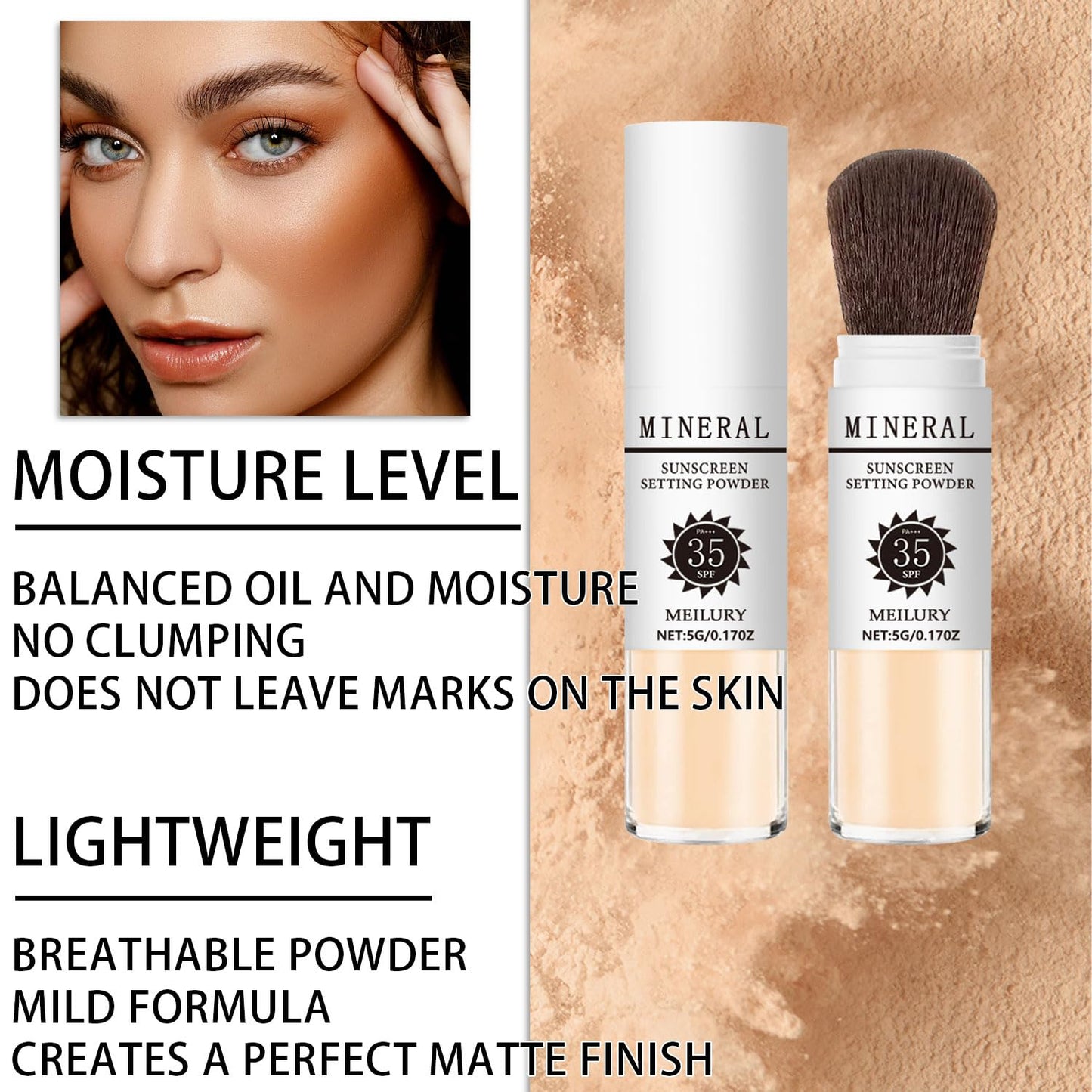 Sunscreen Setting Powder SPF 35, Mineral Brush Powder for Face & Scalp, Oil Control Natural Matte Finish Loose Powder Translucent Lasting Lightweight Breathable for All Skin (#05 Medium)-BrightBean Baby