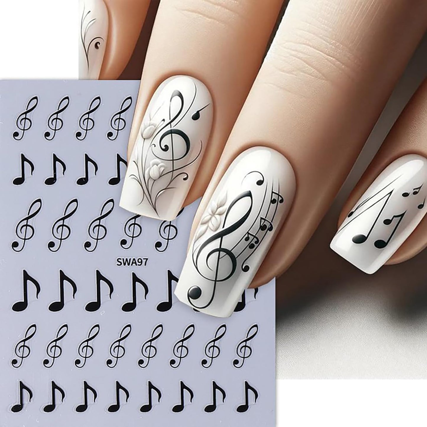 6 Sheets Musical Symbols Nail Art Stickers 3D Self-Adhesive Nails Sticker Music Notation Nails Art Decals Holographic Music Decal Decoration for Women Silver Black Manicure Stickers DIY Nail Supplies-BrightBean Baby