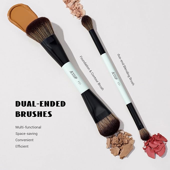 Jessup Makeup Brushes 2pcs Double Sided Foundation Brush Contour Brush Dual Ended Eye Blending Brush, Multi-functional Cosmetic Brush Bright Cyan T502-BrightBean Baby