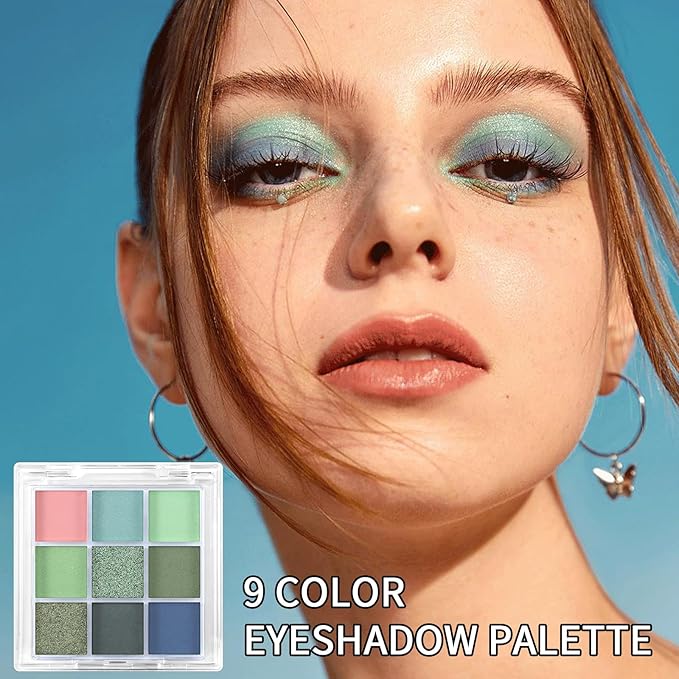 Erinde 9 Colors Eyeshadow Palette, Matte Shimmer Glitter Eye Shadow Palette Makeup, Highly Pigmented Long Lasting Waterproof, Natural Neutral Nude Eyeshadow Make Up Pallet, Blue Green-BrightBean Baby