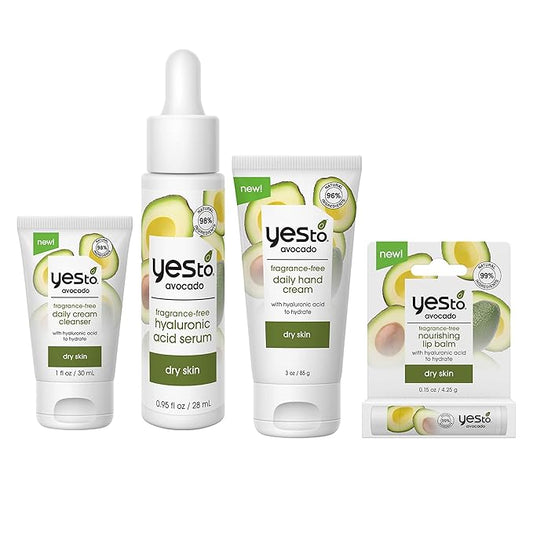 Yes To Avocado Fragrance-Free Skincare Set, Daily Cream Cleanser, Hyaluronic Acid Serum, Hand Cream, Nourishing Lip Balm-BrightBean Baby